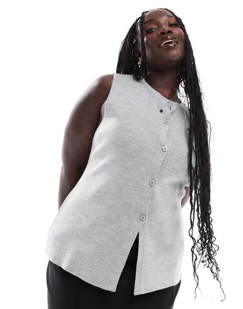 ASOS DESIGN Curve - Gilet strutturato girocollo grigio in maglia con spacco sul davanti - view 1
