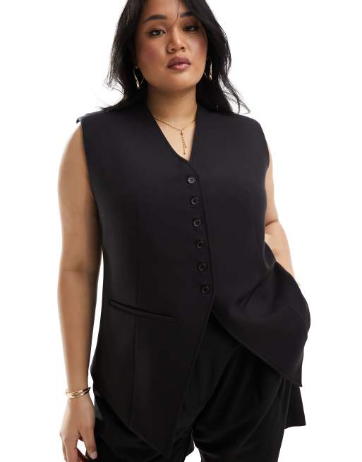 ASOS DESIGN Curve - Gilet taglio lungo nero con spalle molto accentuate