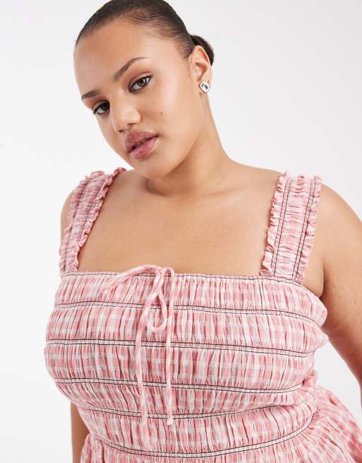 ASOS DESIGN Curve – Ginghamrutigt, smockat linne med breda axelband, 3 av 4