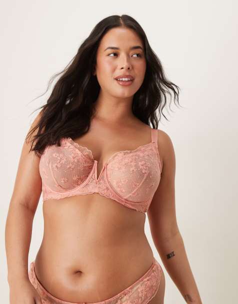 ASOS DESIGN Curve Giselle premium sparkle embroidery underwired bra in coral