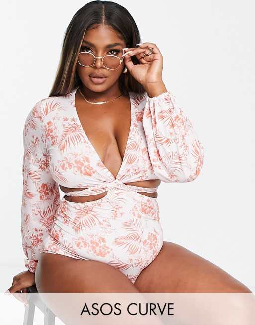 ASOS DESIGN Curve - Glamoureus badpak met gestrikte voorkant, mouwen en uitsnijdingen in tropische print