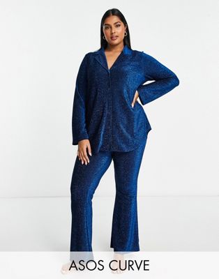 ASOS DESIGN Curve glitter shirt & trouser pyjama set in blue