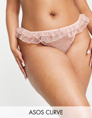 ASOS DESIGN Curve - Glitzernder Tanga aus Netzstoff in Rosa mit Aufbewahrungsbeutel