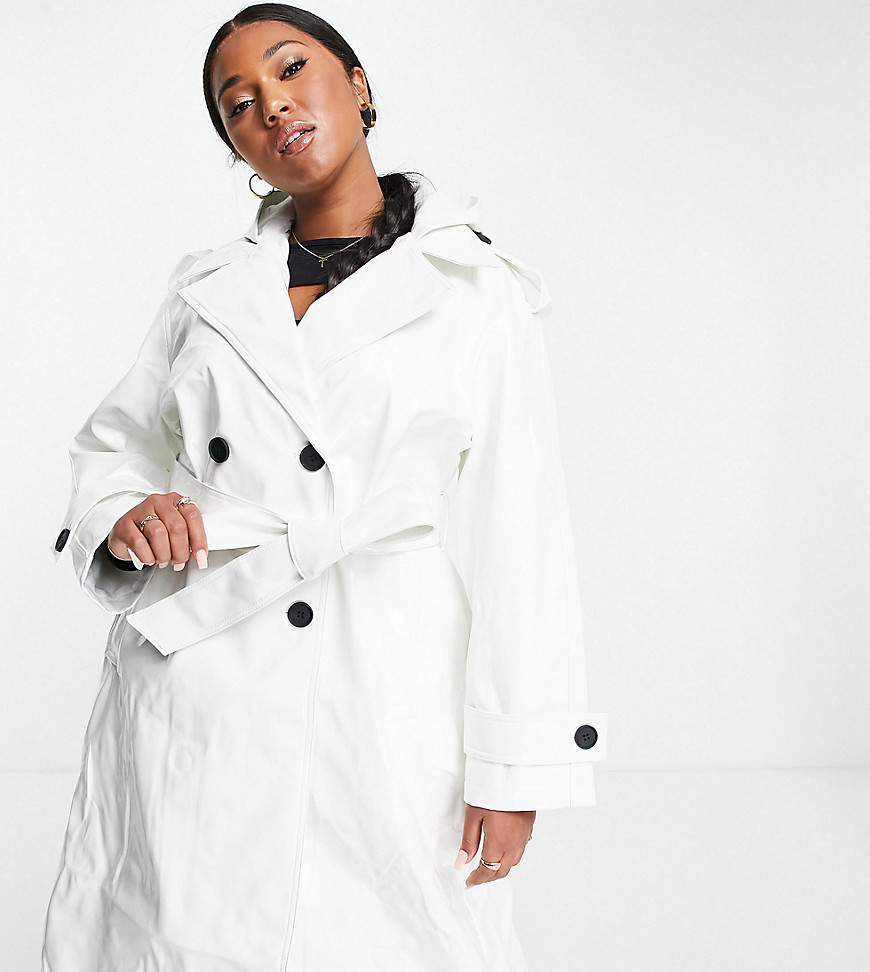 ASOS DESIGN Curve glossy patent hooded trench coat in cream-White