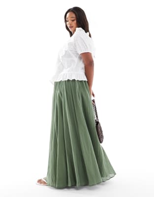 ASOS DESIGN Curve - Godet-Maxirock aus Baumwolle in Khaki-Grün