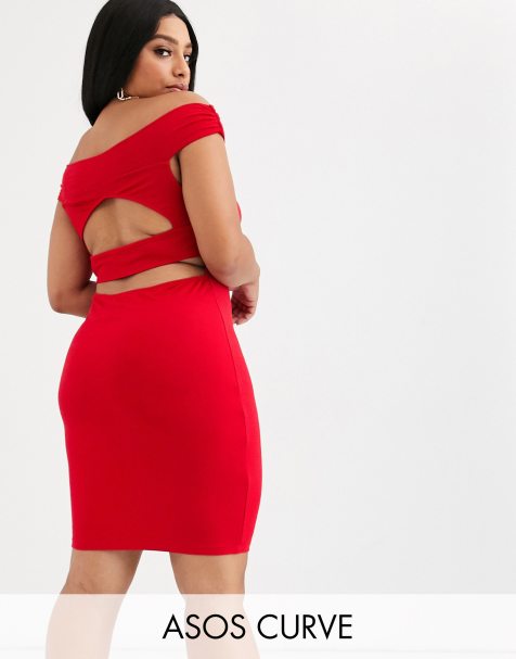 ASOS DESIGN Curve – Going Out – Rotes Minikleid mit Carmenausschnitt und Zierausschnitten am Rücken