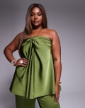 [ASOS DESIGN] ASOS DESIGN Curve gold chain halter neck satin top in khaki (part of a set)-Brown XL Khaki
