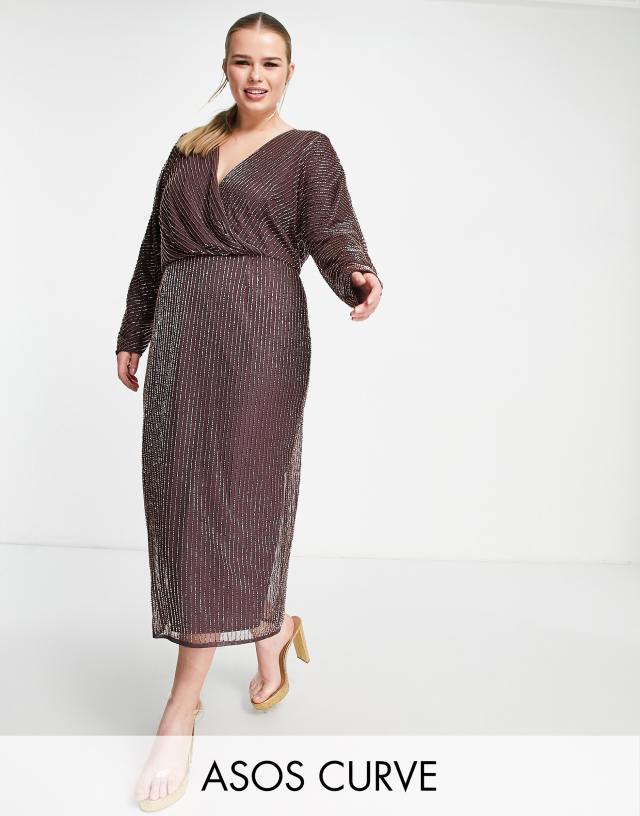 ASOS DESIGN Curve gold linear embellished batwing midi dress in mauve