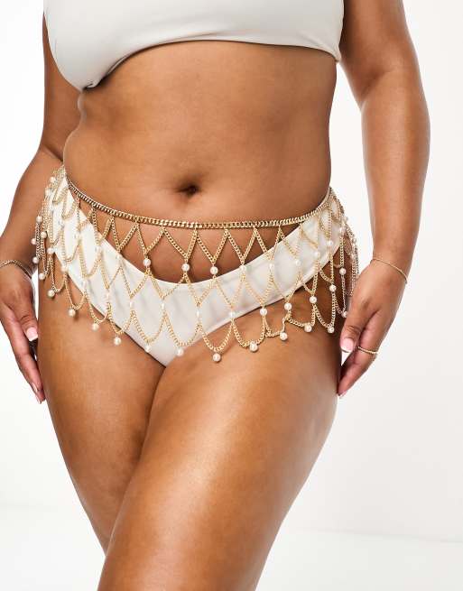 ASOS Design Curve – Goldfarbene Bauchkette mit drapiertem Perlendetail