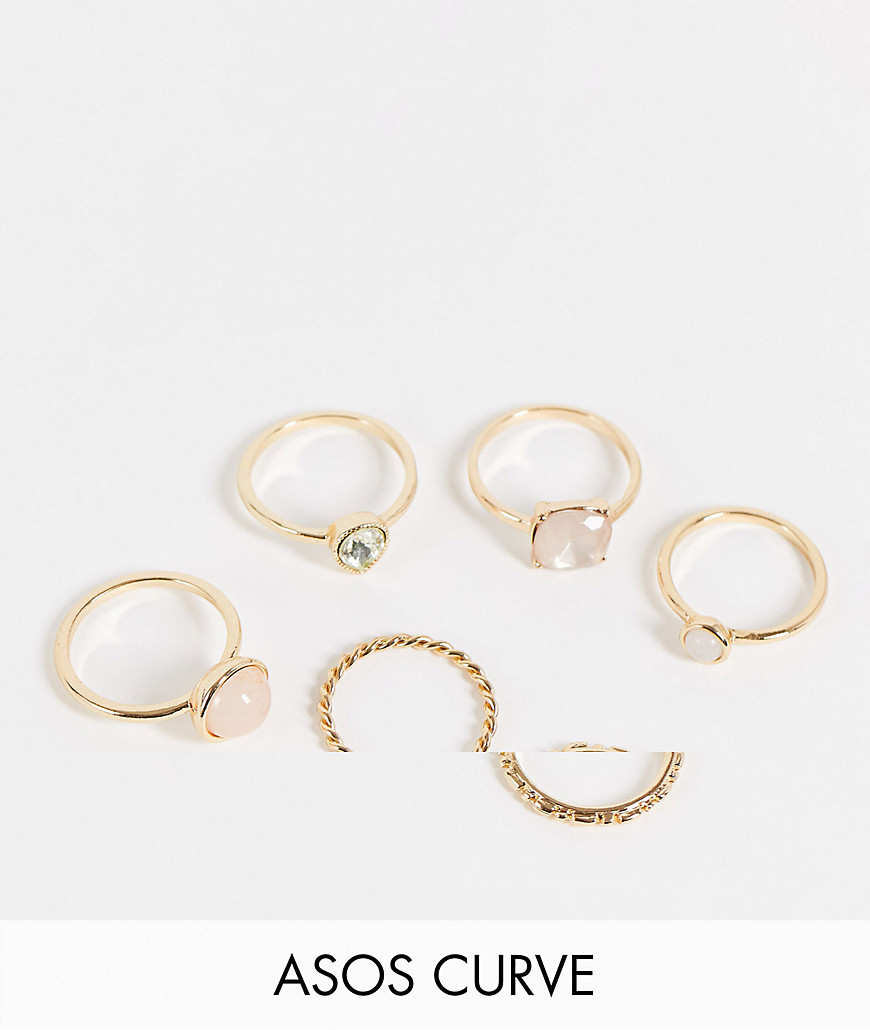 ASOS DESIGN Curve – Goldfarbene Ringe im 6er-Pack mit pastellfarbenen Steinen