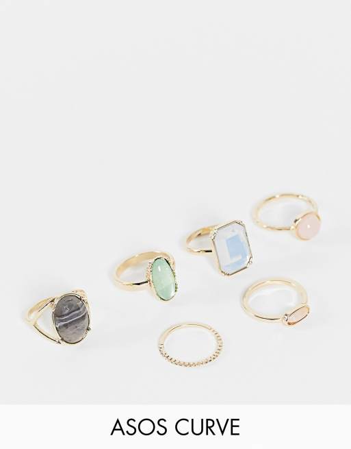 ASOS DESIGN Curve – Goldfarbene Ringe im 6er-Pack mit bunten Steinen