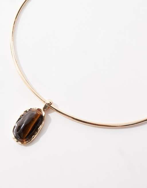 ASOS DESIGN Curve – Goldfarbene Spangenhalskette mit echtem Tigerauge-Halbedelsteinanhänger, 4 von 4