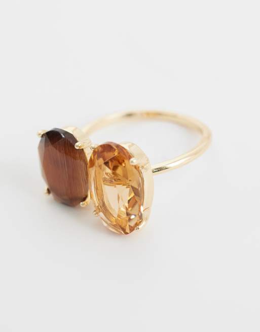 ASOS DESIGN Curve – Goldfarbener Ring mit doppeltem bernsteinfarbenem, eingefasstem Schmuckstein, 3 von 3