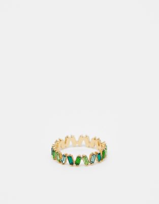 ASOS DESIGN Curve - Goldfarbener Ring mit Schmucksteinen in abgestimmten Grüntönen mit Baguette-Schliff