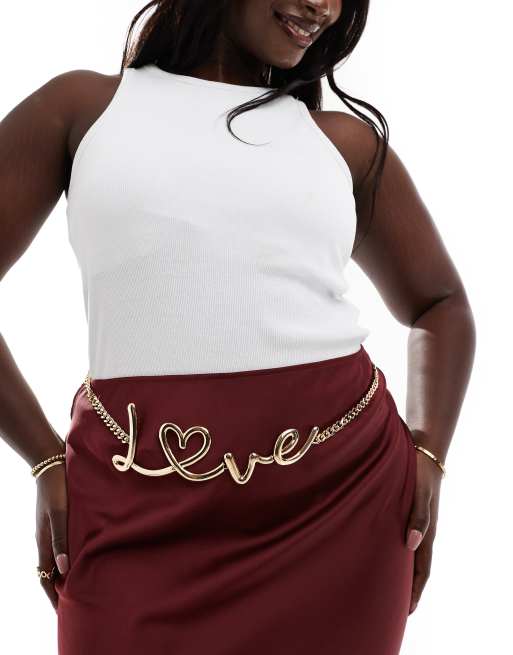 ASOS DESIGN Curve – Goldfarbener Taillen- und Hüftkettengürtel mit „Love“-Design 