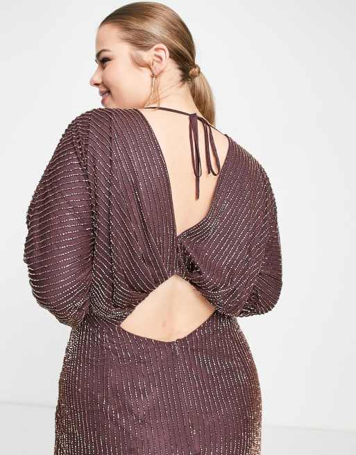 ASOS DESIGN Curve – Goldfarbig gestreiftes Midikleid mit Fledermausflügeln in Malve, 2 von 4