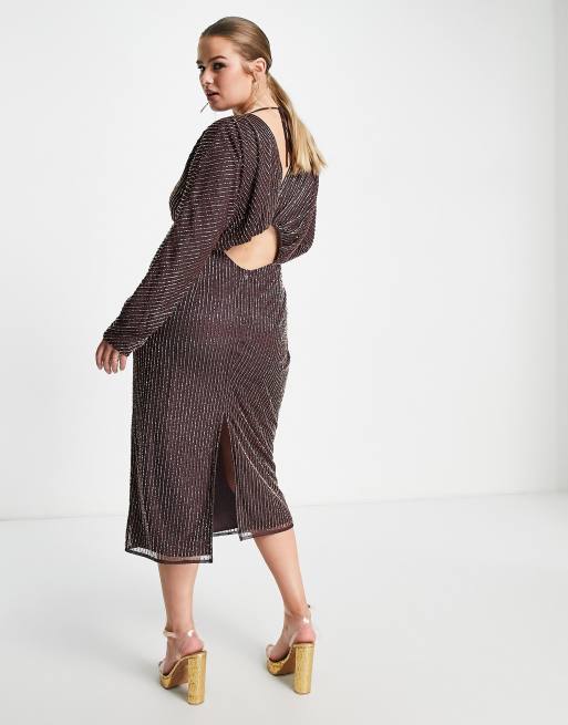 ASOS DESIGN Curve – Goldfarbig gestreiftes Midikleid mit Fledermausflügeln in Malve, 3 von 4