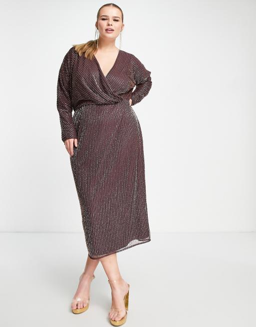 ASOS DESIGN Curve – Goldfarbig gestreiftes Midikleid mit Fledermausflügeln in Malve, 4 von 4