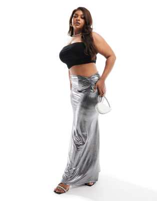 ASOS DESIGN Curve metallic fishtail maxi skirt in silver - ASOS Price Checker