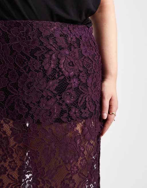 ASOS DESIGN Curve - Gonna al ginocchio color prugna in pizzo trasparente, 3 di 5