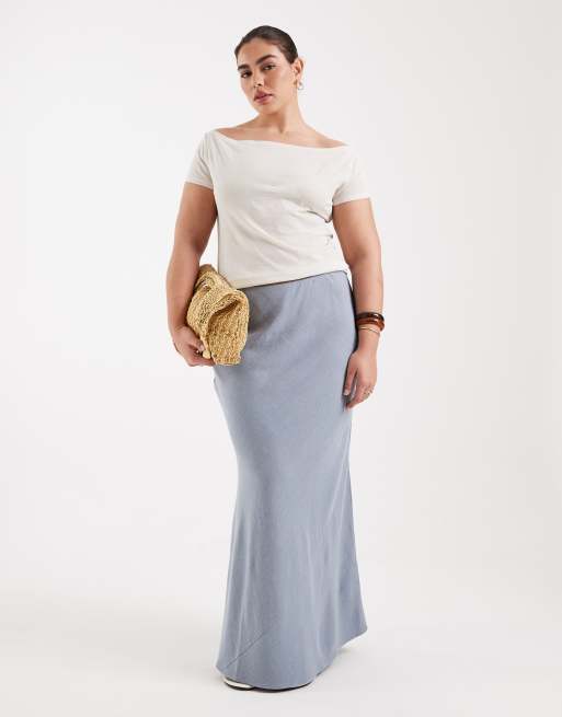 ASOS DESIGN Curve - Gonna al polpaccio in lino blu con taglio sbieco