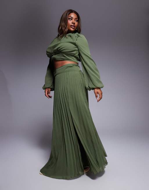 ASOS DESIGN Curve - Gonna lunga color oliva con vita scesa e pieghe in coordinato