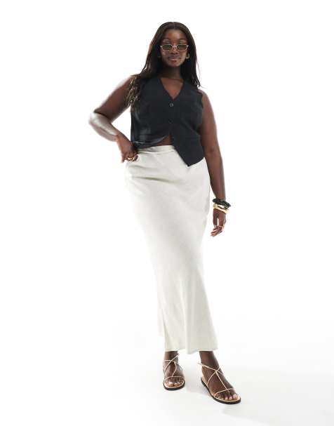 ASOS DESIGN Curve - Gonna lunga color pietra in misto lino con taglio sbieco - view 1