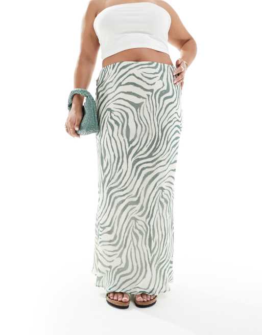 ASOS DESIGN Curve - Gonna lunga in chiffon verde con stampa zebrata e taglio sbieco