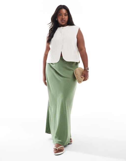 ASOS DESIGN Curve - Gonna lunga kaki in misto lino con taglio sbieco