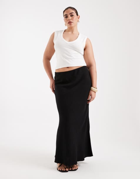 ASOS DESIGN Curve - Gonna lunga nera in lino con taglio sbieco - view 1