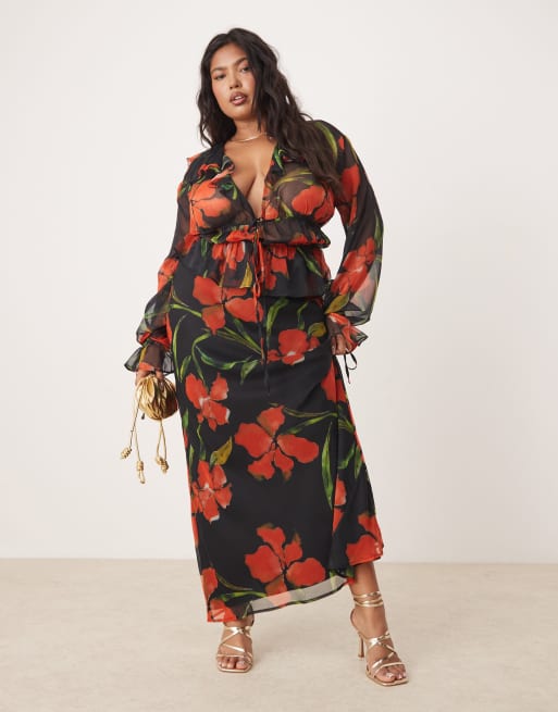 ASOS DESIGN Curve - Gonna lunga taglio sbieco in chiffon con stampa a fiori in coordinato