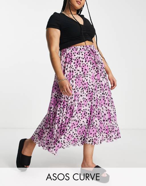 ASOS DESIGN Curve - Gonna midi a pieghe con fascia in vita arricciata rosa con stampa animalier astratta 
