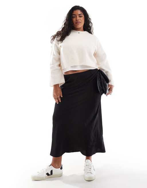 ASOS DESIGN Curve - Gonna midi asimmetrica in raso nero, 2 di 5