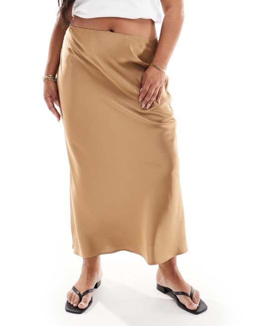 ASOS DESIGN Curve - Gonna midi asimmetrica in raso tortora, 4 di 5