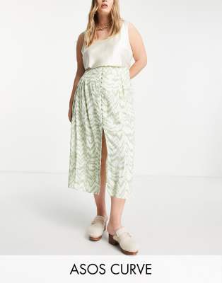 ASOS DESIGN Curve - Gonna midi con bottoni e spacco bianca con stampa zebrata color salvia