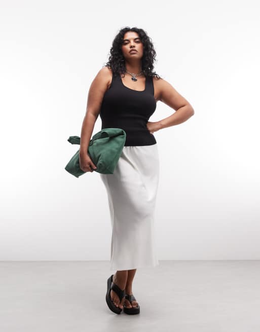 ASOS DESIGN Curve - Gonna midi in raso bianco inverno con taglio sbieco