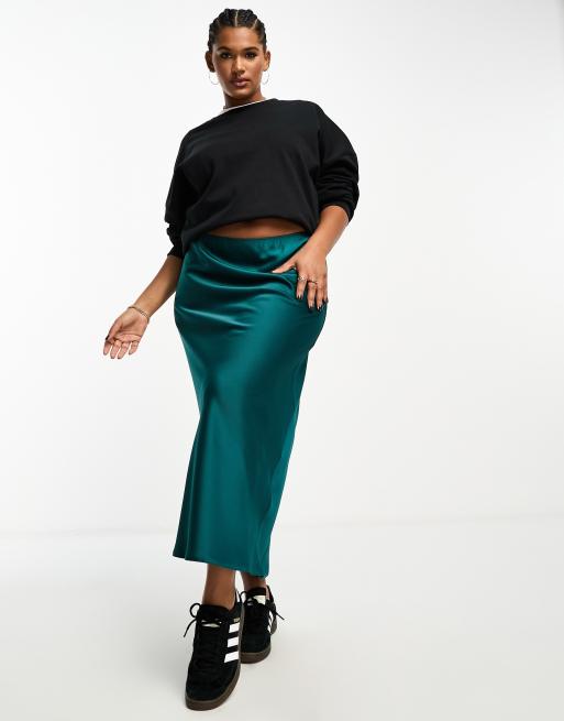 ASOS DESIGN Curve - Gonna midi in raso verde-azzurro intenso con taglio sbieco