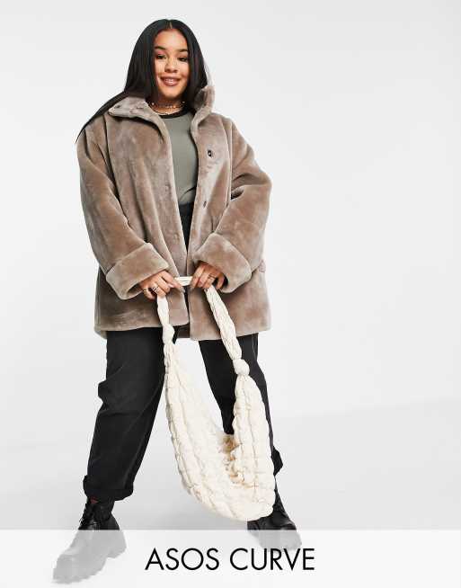 ASOS DESIGN Curve - Grå frakke i imiteret pels med ærmekantsdetalje 