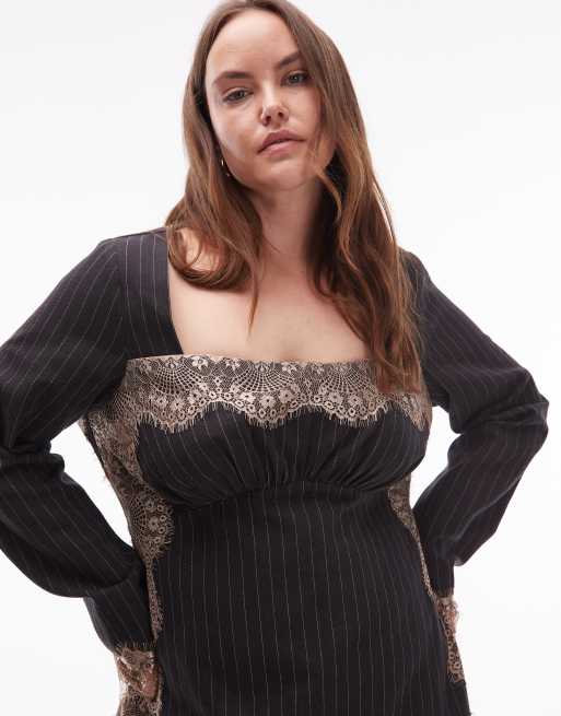 ASOS DESIGN Curve – Grå, kritstrecksrandig miniklänning med spetsdetaljer och långa ärmar, 4 av 4