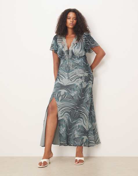 ASOS DESIGN Curve – Grå och zebrarandig midiklänning med utsvängda ärmar, knytning framtill och spetsdetalj - view 1