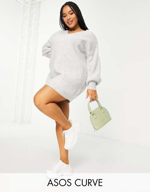 ASOS DESIGN Curve – Grå stickad miniklänning med v-ringning