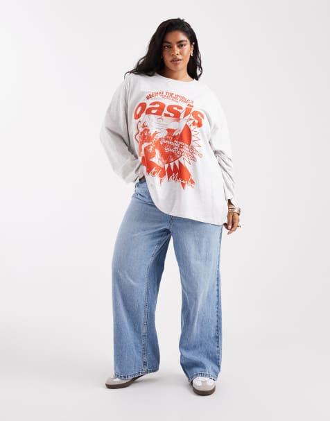 ASOS DESIGN Curve – Grå t-shirt i oversize med långa ärmar och licenserat Oasis debutalbum-tryck - view 1
