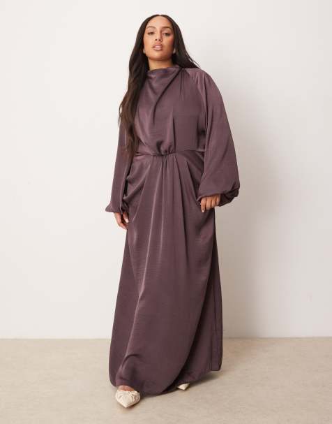 ASOS DESIGN Curve - Gråbrun maxikjole med draperinger og blouson-ærmer i satin - view 1