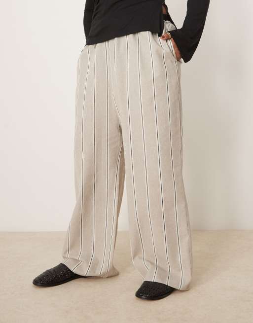 ASOS DESIGN Curve - Gråbrune skræddersyede pull-on bukser med hørlook og bindebånd i taljen og striber, 4 af 5