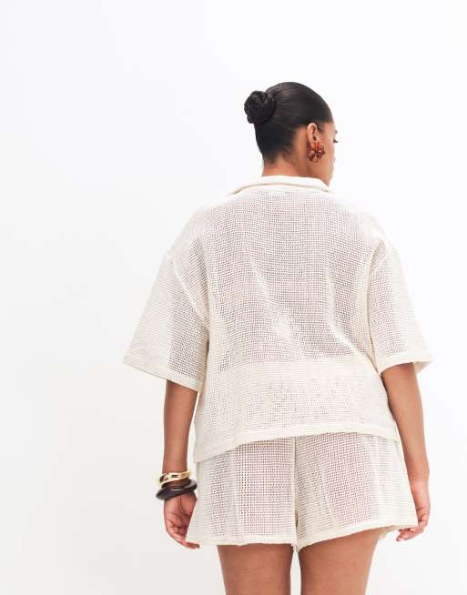 ASOS DESIGN Curve – Gräddvit, hålstickad skjorta med platt krage och cornelli-detaljer, del av set, 3 av 8
