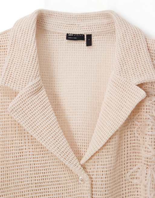 ASOS DESIGN Curve – Gräddvit, hålstickad skjorta med platt krage och cornelli-detaljer, del av set, 7 av 8