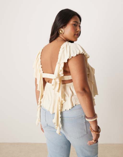 ASOS DESIGN Curve – Gräddvit, krinklad topp med utsvängda ärmar och öppen rygg, 3 av 4