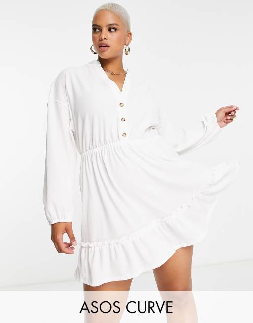 ASOS DESIGN Curve – Gräddvit långärmad skjortklänning i minilängd med midja och panelsydd nederkant