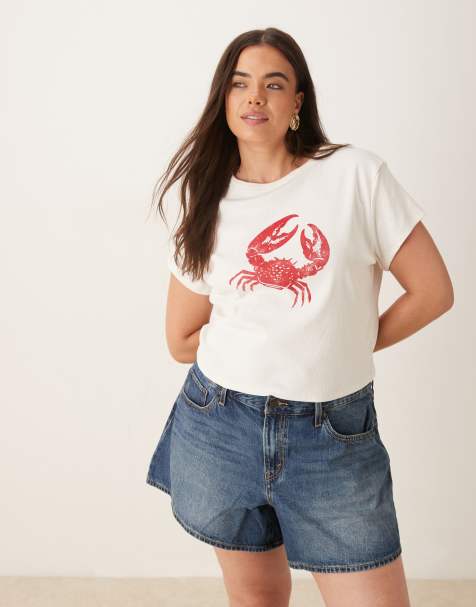 ASOS DESIGN Curve – Gräddvit, liten t-shirt med krabbtryck - view 1