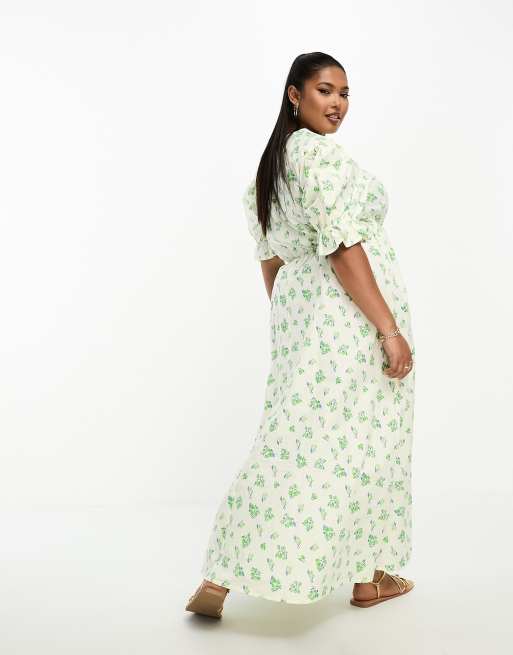 ASOS DESIGN Curve – Gräddvit och grönblommig smockklänning i bomull och midilängd , 3 av 4